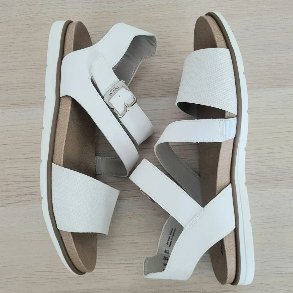 Dr Scholl's Timeless Fun Sandals White Tan Strappy Buckle Foam Footbed 8